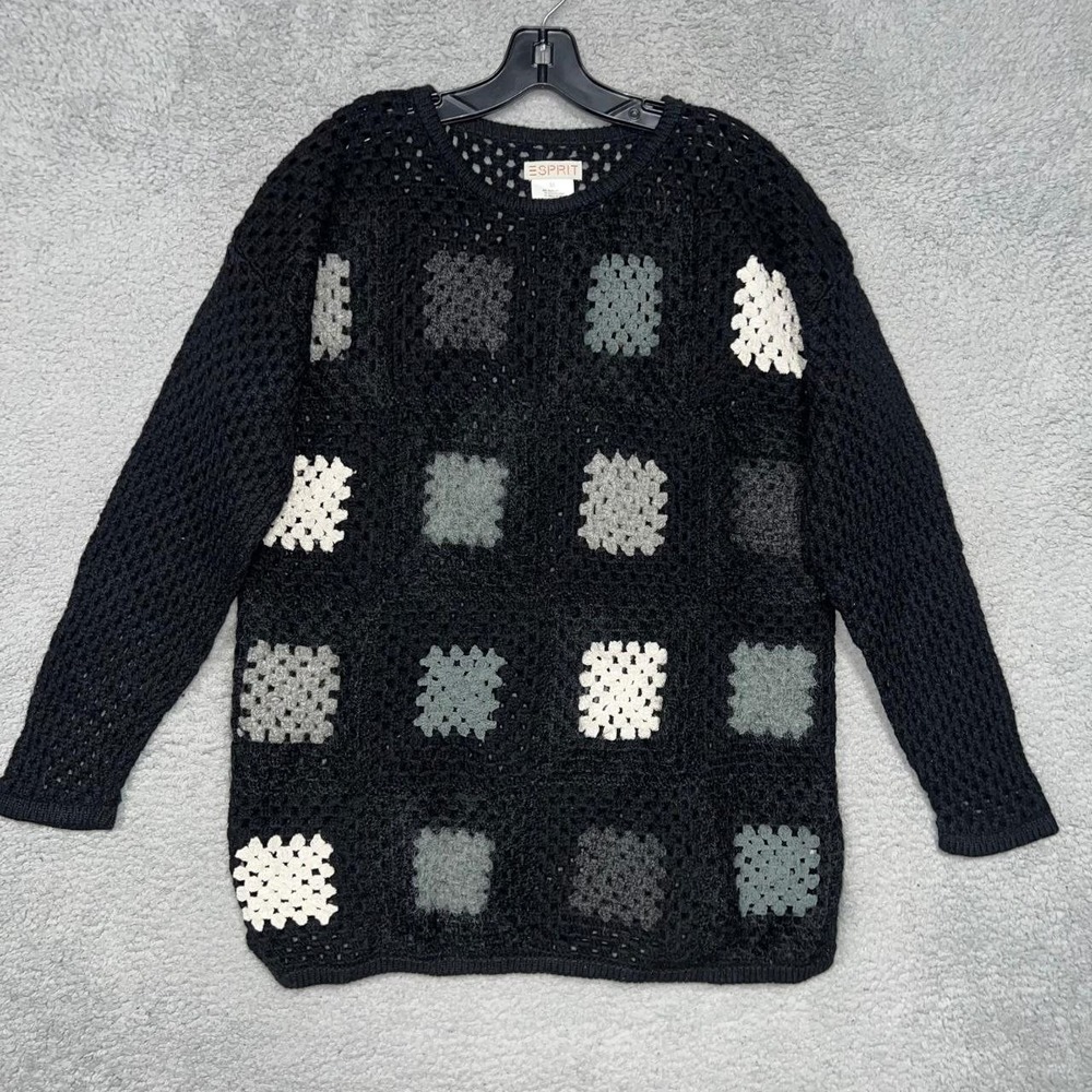 VTG Esprit Sweater Women's Sz‎ Medium Black Crochet Patchwork Wool Blend Cottage